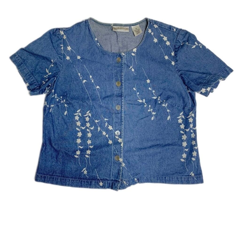 VTG 90s blue Denim button down blouse white floral pattern 4P